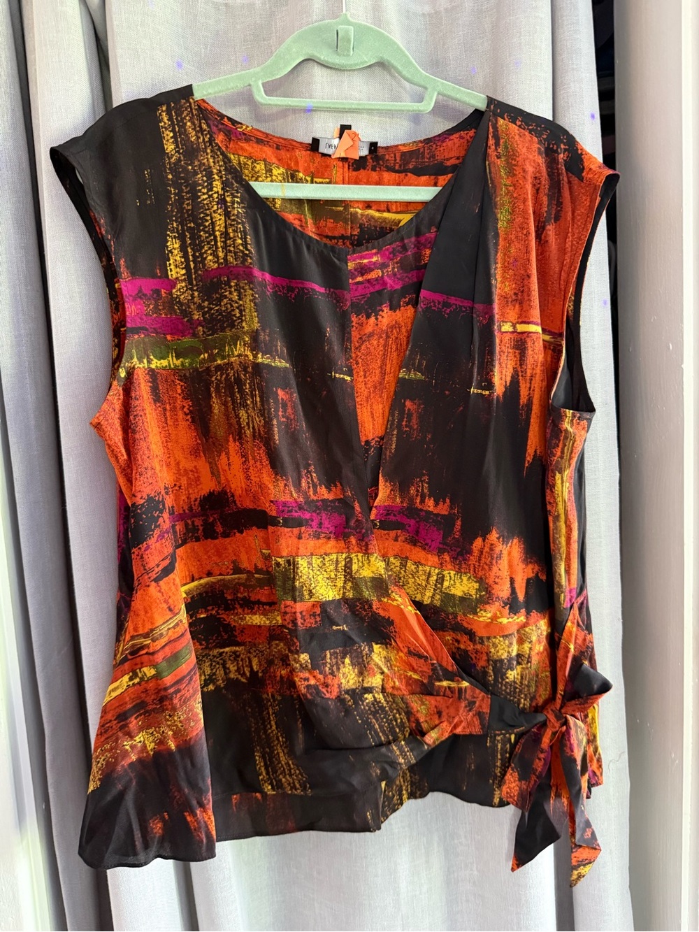 Lafayette 148 Silk Blouse Size 18 Abstract Print Orange Black Magenta Side Tie